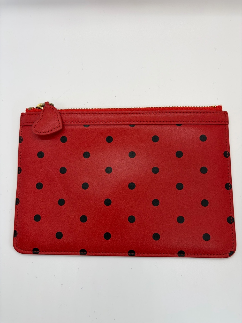 J.Crew Red Leather Polka Dot Pouch Clutch with heart ❤️ Zipper Bag
